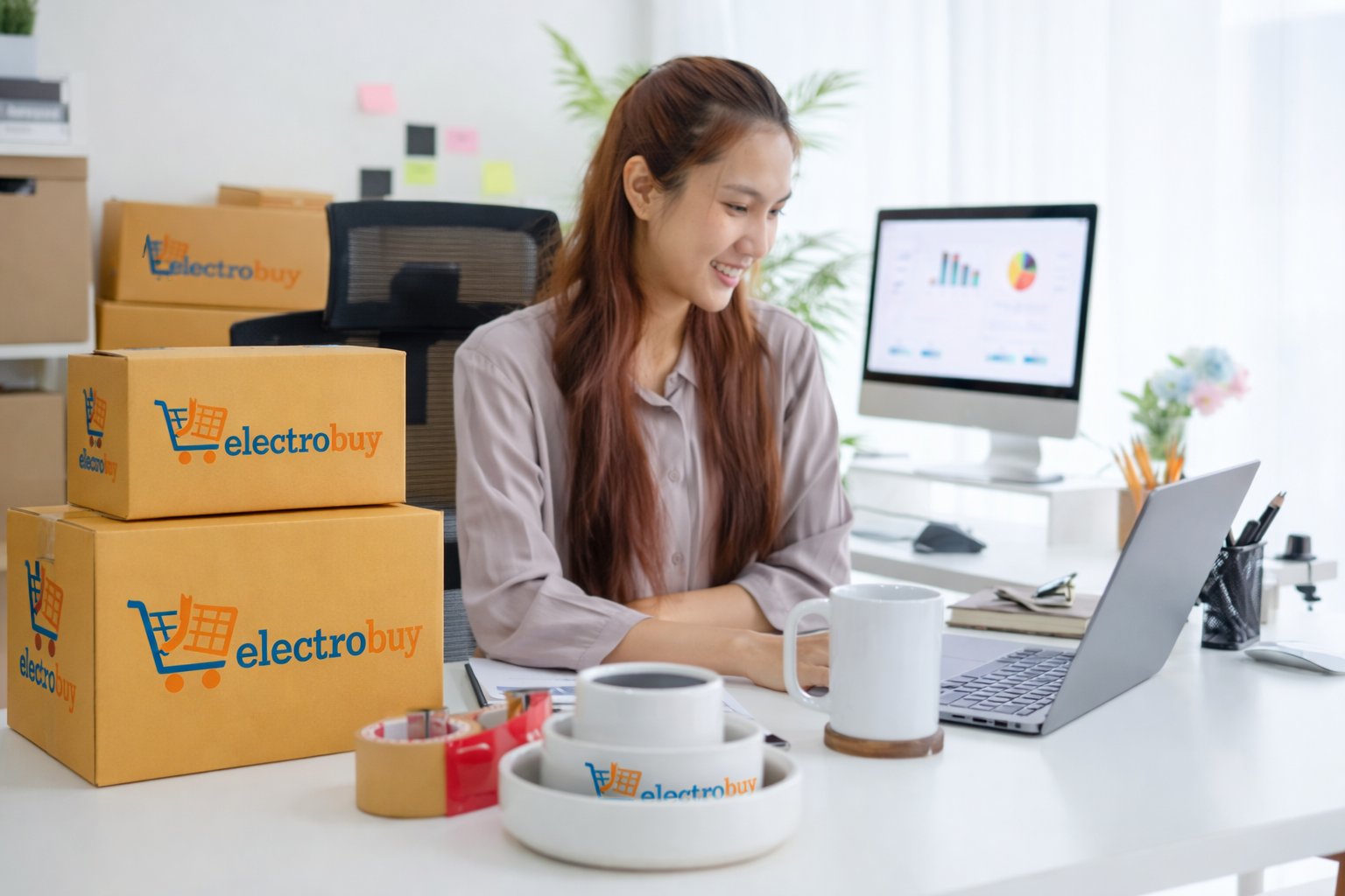 Woman working on desktop computer managing online orders and ecommerce operations in office workspace