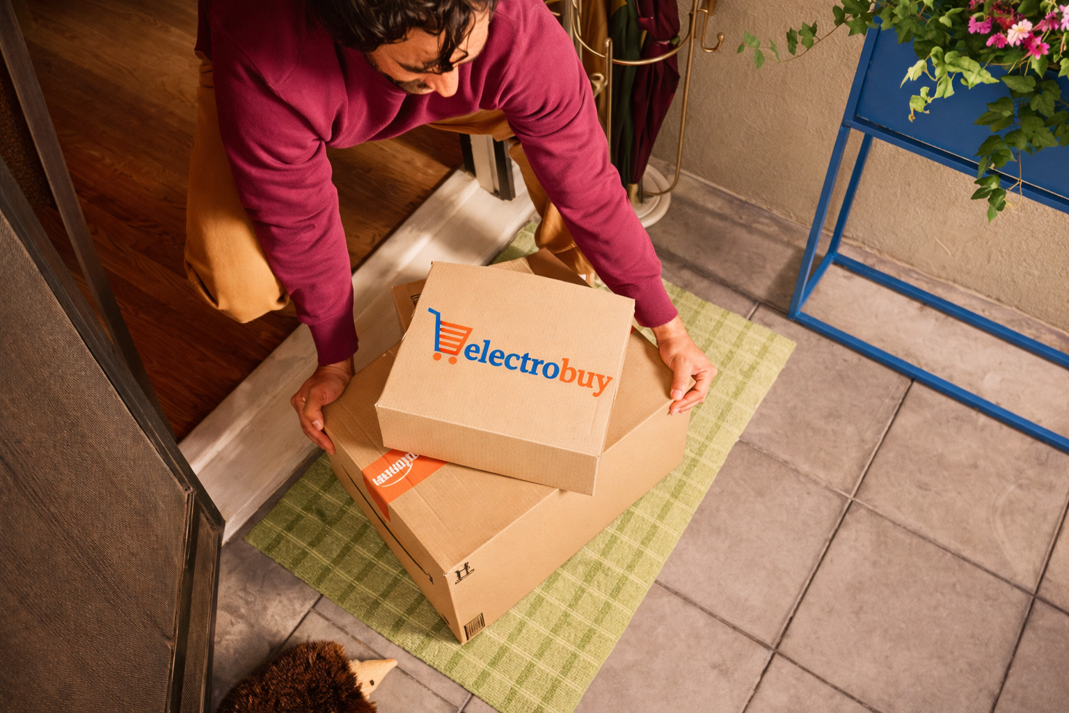 ElectroBuy branded delivery box being received at doorstep showing ecommerce packaging and fast delivery service