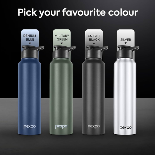 PEXPO 1 litre stainless steel water bottle with sipper cap grey black ombre