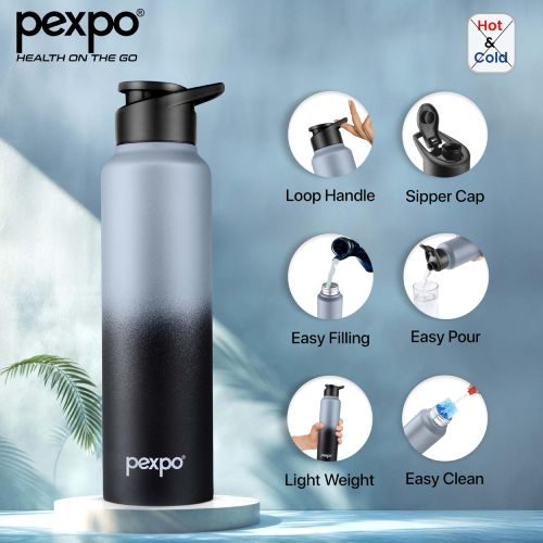 PEXPO 1 litre stainless steel water bottle with sipper cap grey black ombre
