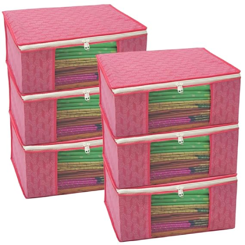 Homestrap saree cover set of 6 grey non woven wardrobe organizer with transparent window for clothes storage