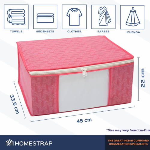 Homestrap saree cover storage bag in pink with transparent window for organizing sarees and bedsheets in wardrobe