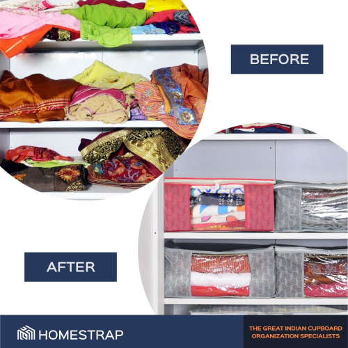 Homestrap saree cover storage bag in pink with transparent window for organizing sarees and bedsheets in wardrobe