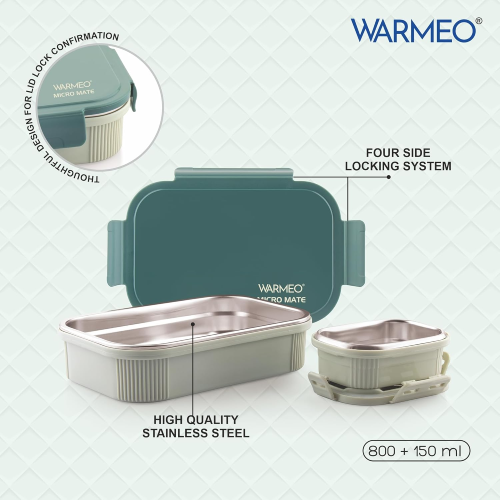 Warmeo Micro Mate lunch box with stainless steel interior, four side locking lid, and airtight food storage container