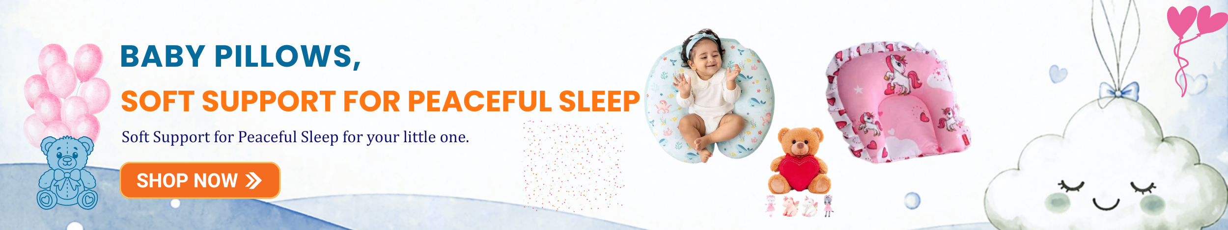 Baby pillows soft support for peaceful sleep banner with cute infant pillow designs, teddy bear, pastel nursery theme and shop now button