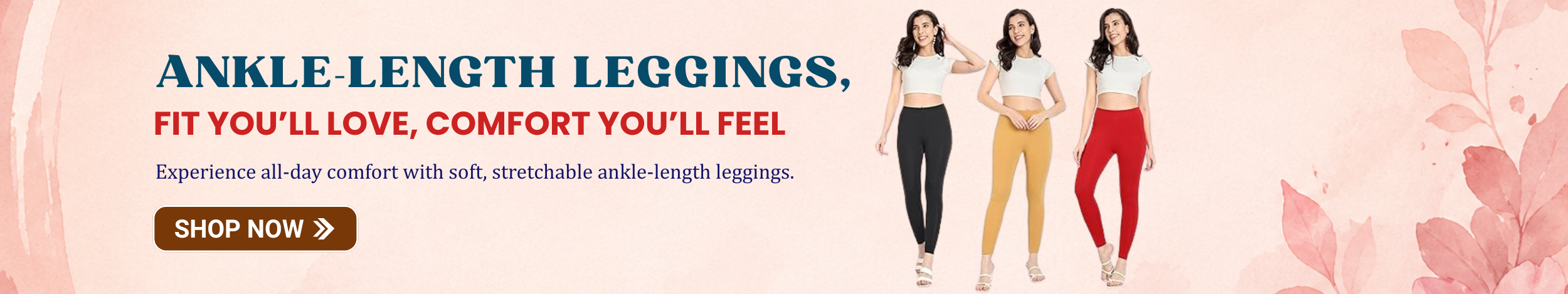 Women wearing ankle-length leggings in black, mustard, and red colors, showcasing comfortable and stretchable everyday fashion wear.