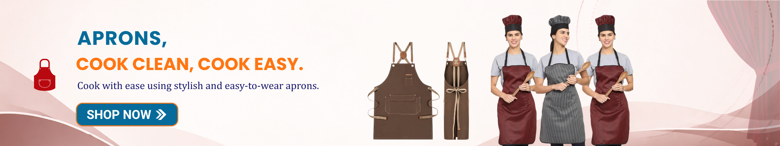 Kitchen aprons in brown, red, and striped designs worn by chefs with “Shop Now” button promoting stylish and easy-to-wear aprons for cooking and kitchen use.