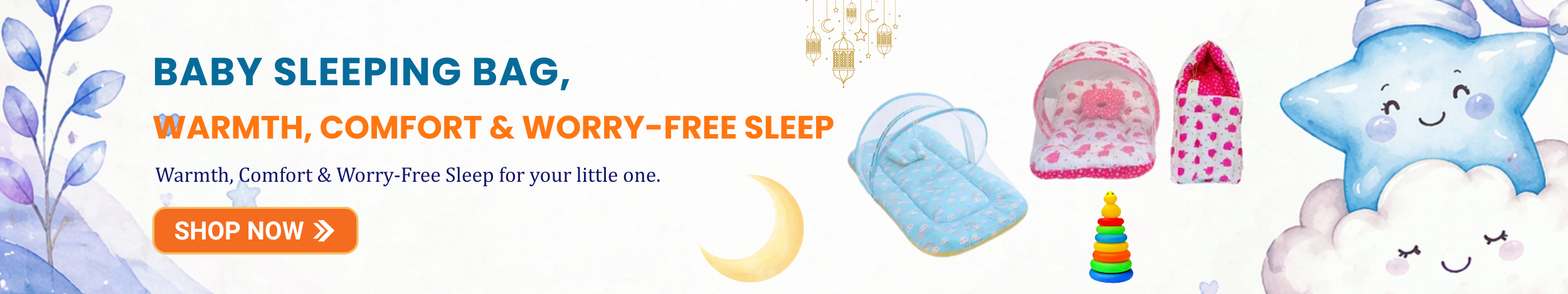 Baby sleeping bag banner showing soft warm infant sleeping bags, cozy bedding, cute nursery theme with moon and star illustration and shop now button