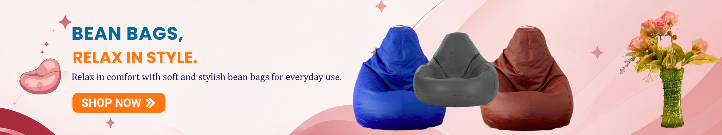 Colorful bean bags in blue, grey, and brown with soft cushioned design and “Shop Now” button promoting comfortable and stylish bean bags for home seating.