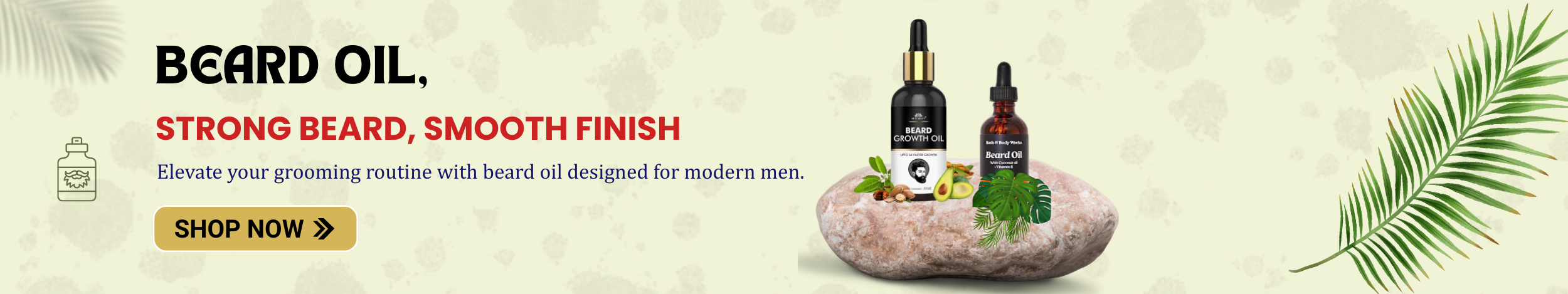 Beard oil bottles on natural background with leaves promoting strong beard growth and smooth grooming finish for men