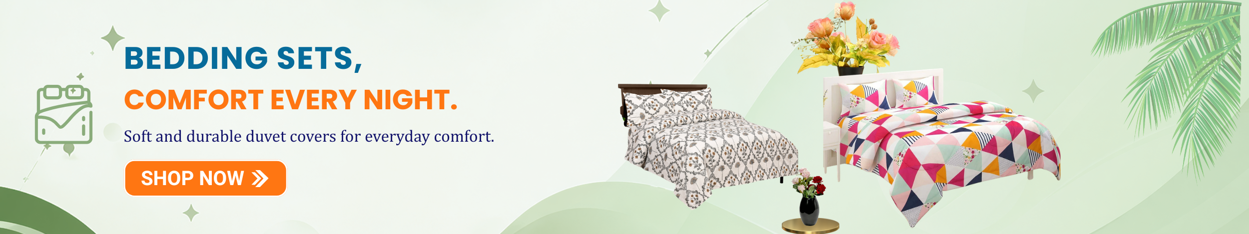 Stylish bedding sets with printed duvet covers and pillows arranged on beds featuring “Shop Now” button promoting soft and comfortable bedding sets for modern bedrooms.