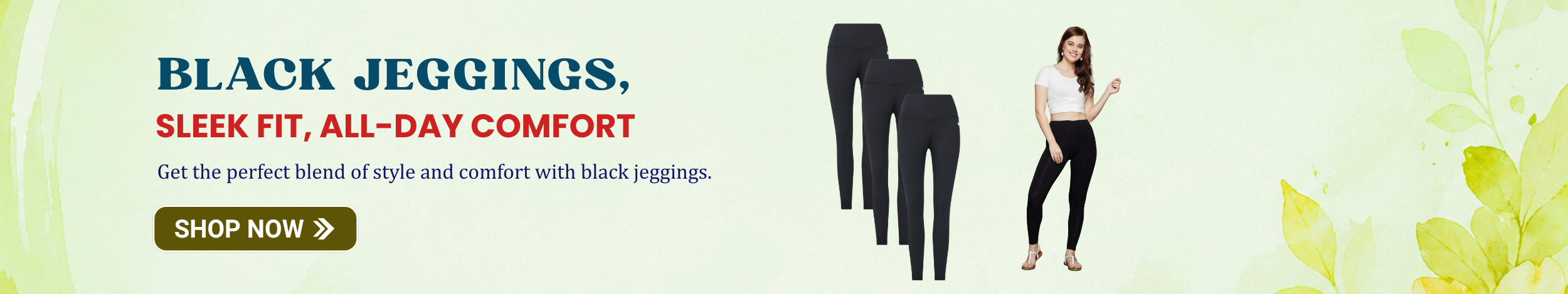 Women wearing black jeggings with a slim fit design, displayed alongside multiple styles highlighting comfort, stretch, and everyday fashion wear.