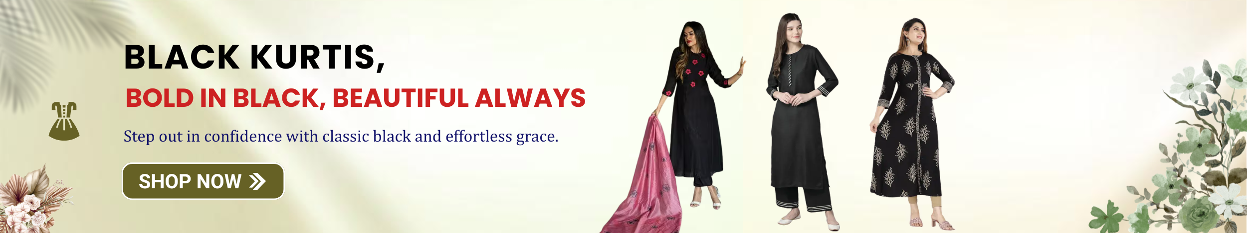 Women wearing stylish black kurtis with elegant designs showcasing traditional and modern ethnic fashion