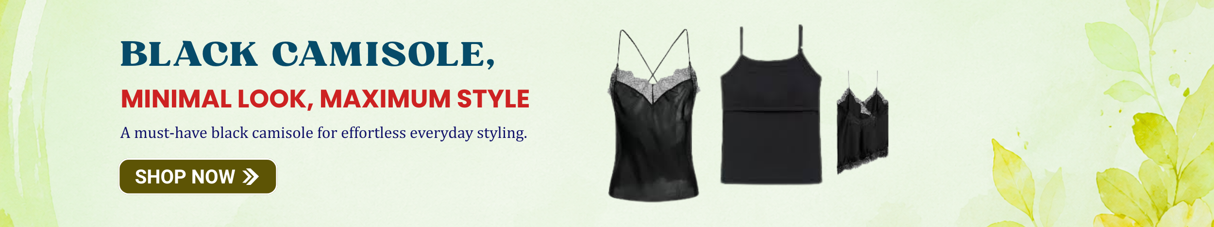 Black camisole tops with lace and plain designs displayed on a soft background, showcasing stylish and versatile everyday women’s wear.