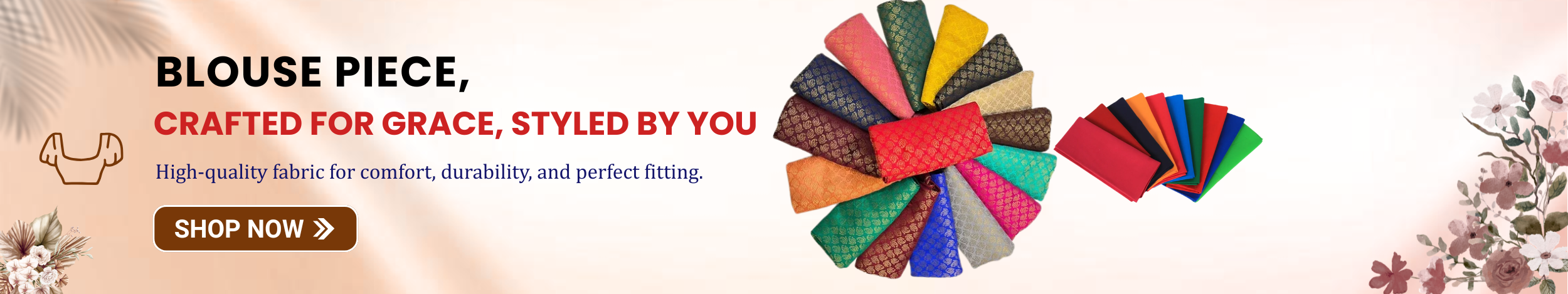Colorful blouse piece fabrics in various designs and patterns arranged showcasing traditional and stylish fabric collection