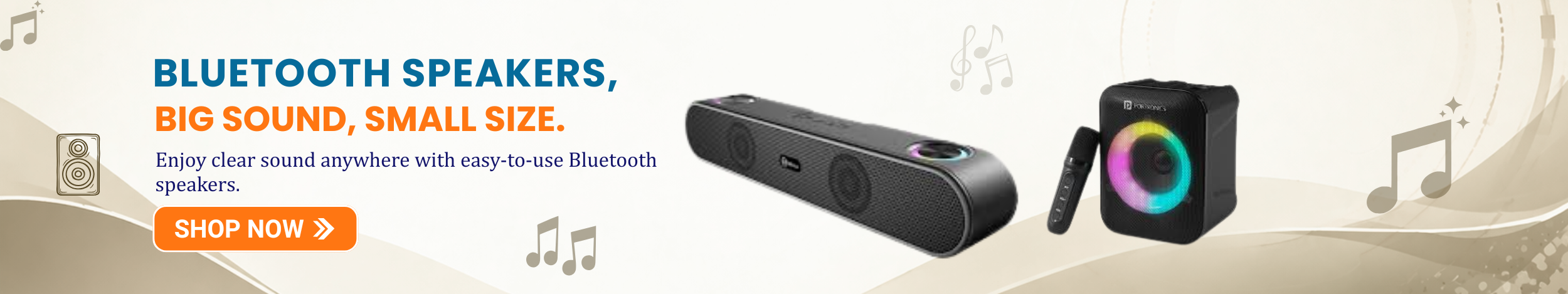 Bluetooth speakers banner showing portable wireless speakers with powerful sound, RGB light speaker, and shop now button