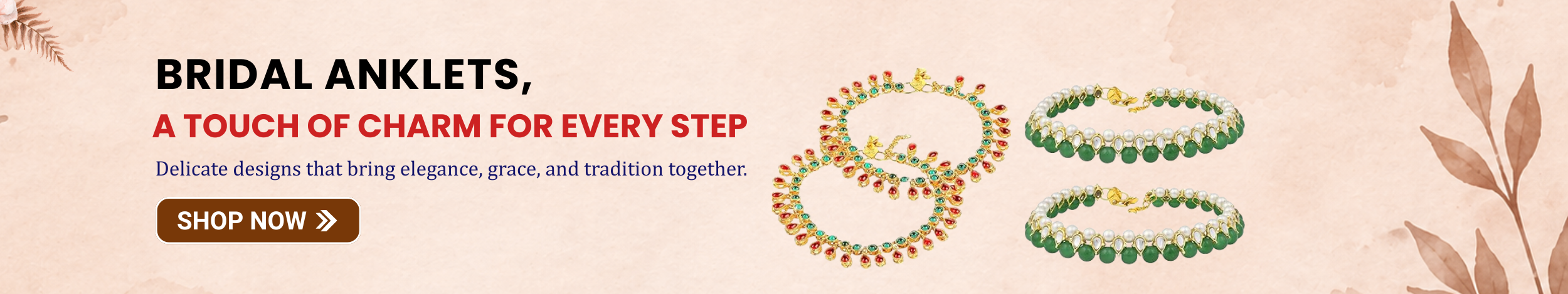 Traditional bridal anklets with gold finish and green bead details showcasing elegant wedding jewelry designs