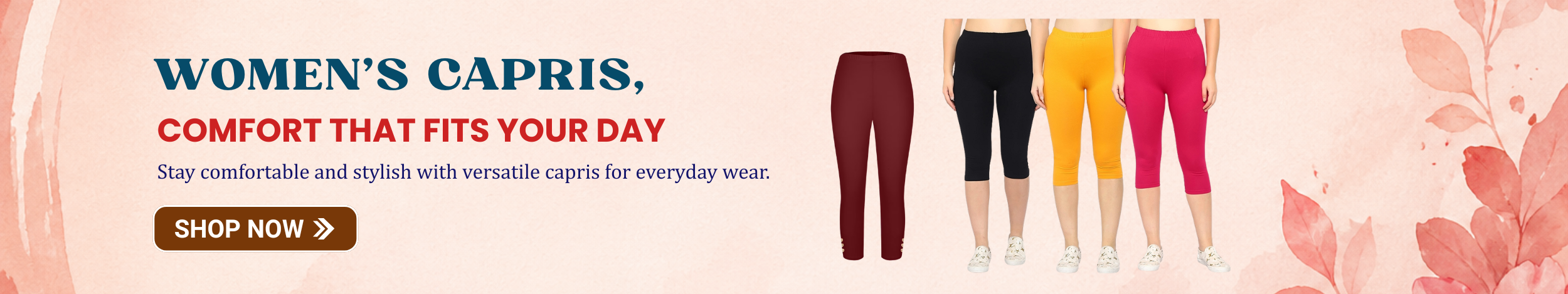 Women wearing colorful capri leggings in red, black, yellow, and pink, showcasing comfortable and stylish everyday wear.