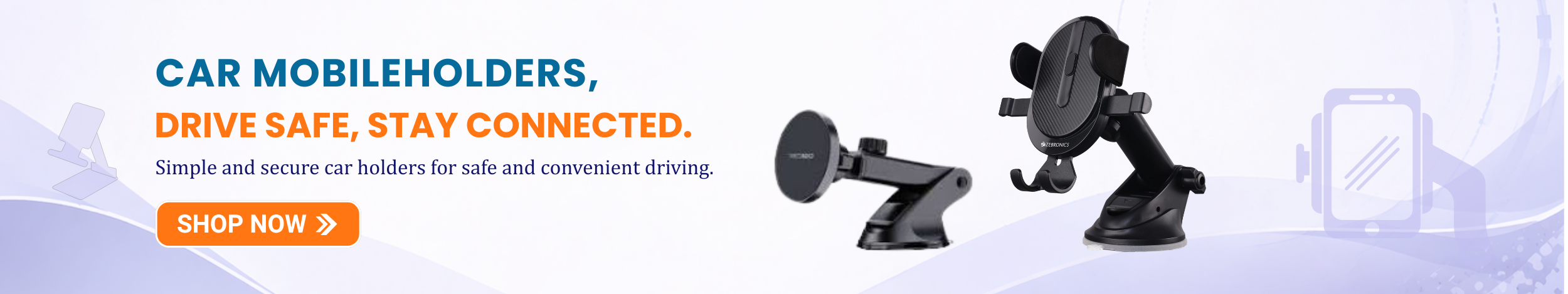 Car mobile holder banner showing dashboard and windshield phone mount stand for safe driving with shop now button