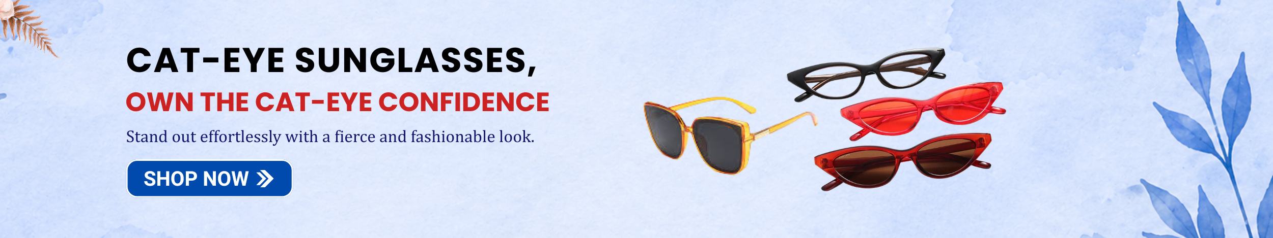 Stylish cat-eye sunglasses in black, red, and gold frames displayed on a light background, showcasing trendy and fashionable eyewear for women.