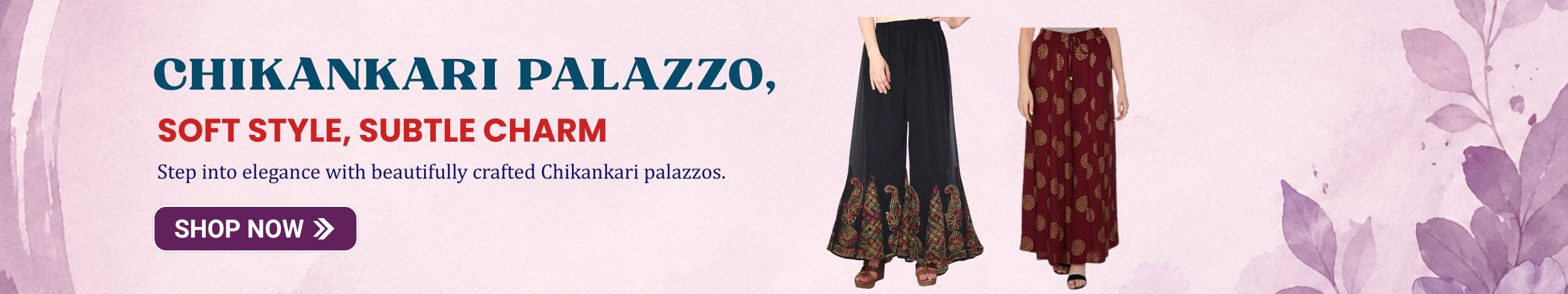 Women wearing chikankari palazzo pants in black and maroon with intricate embroidery, showcasing elegant and traditional ethnic wear.