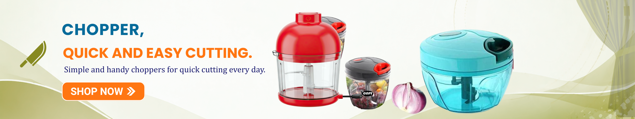 Manual and electric vegetable choppers with transparent containers and blades featuring “Shop Now” button promoting quick and easy kitchen choppers for cutting vegetables.