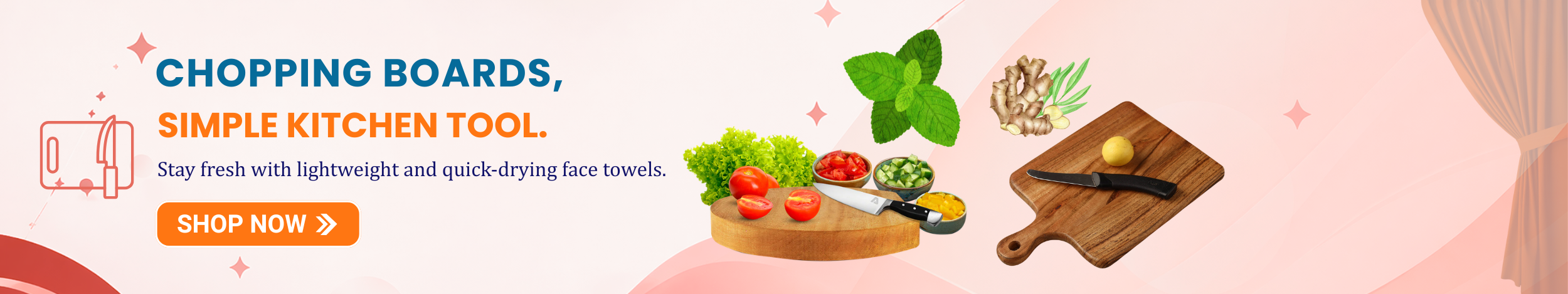 Wooden chopping boards with fresh vegetables and knife, showcasing durable and easy-to-use kitchen cutting boards with a “Shop Now” option.