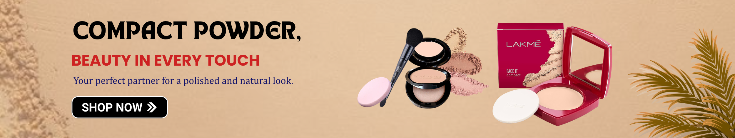 Compact powder makeup with brush and sponge showing smooth, polished finish for natural beauty look