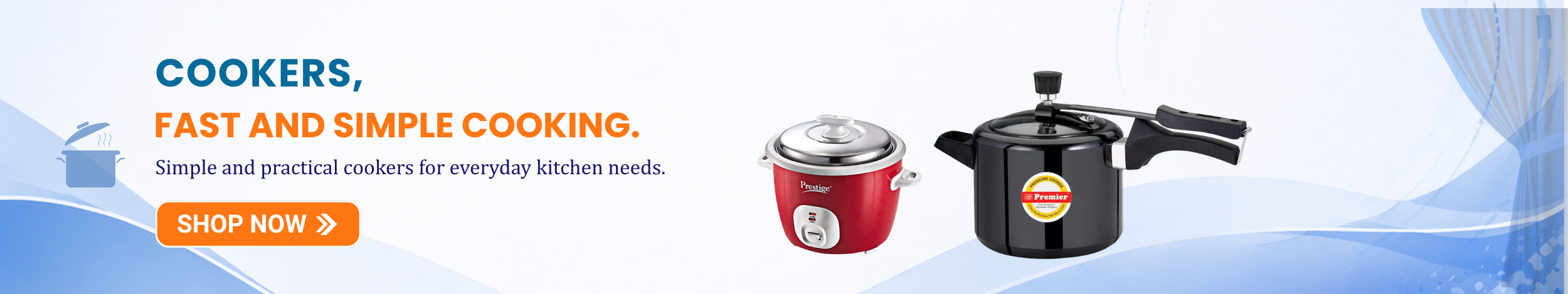 Electric rice cooker and pressure cooker with modern design featuring “Shop Now” button promoting fast and efficient cooking appliances for kitchen use.