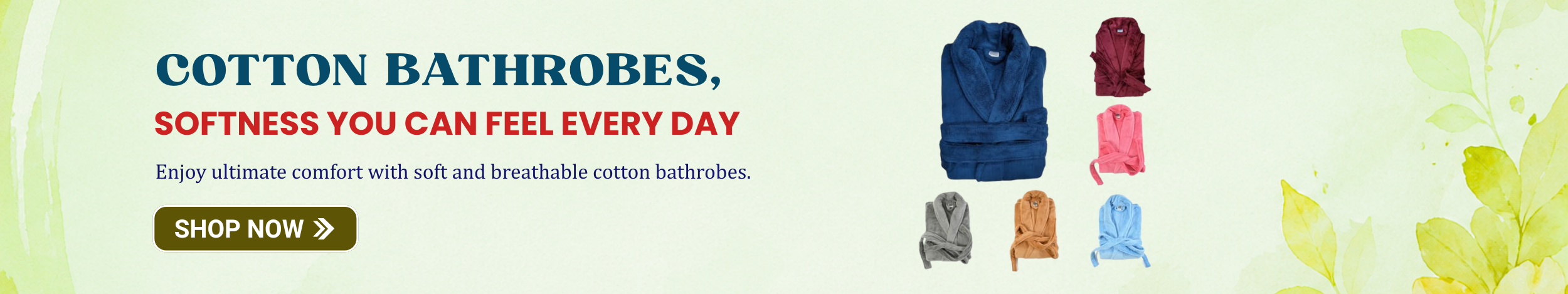 Soft cotton bathrobes in multiple colors including blue, pink, grey, and brown, showcasing comfortable and breathable loungewear.