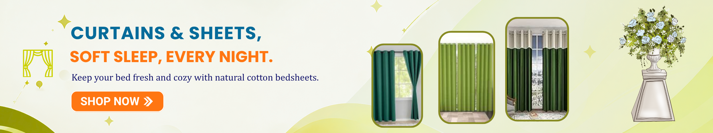 Decorative curtains in green and dual-tone designs with window setup and “Shop Now” button promoting stylish curtains and bedsheets for home décor.