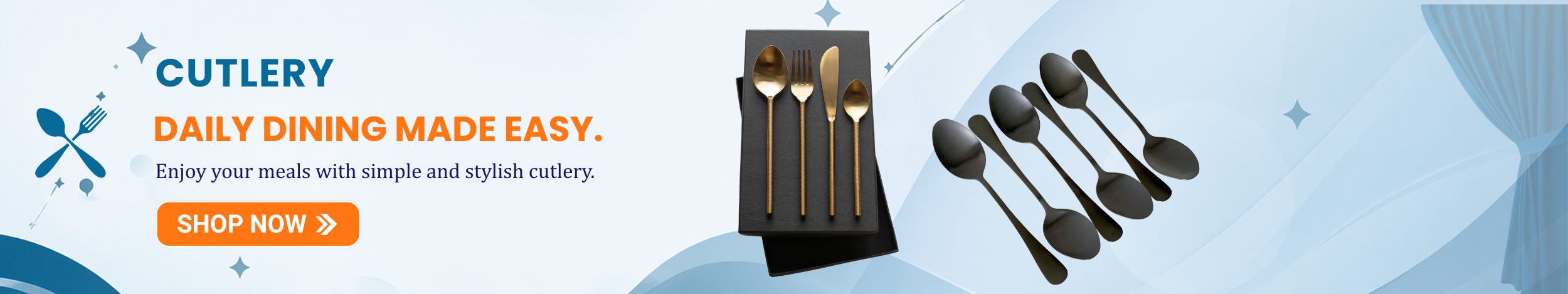 Gold and black cutlery set with spoons, forks, and knives displayed on a stand with “Shop Now” button promoting stylish cutlery for daily dining.