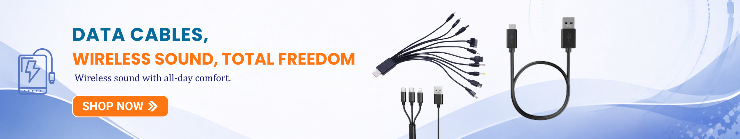 Data cables banner showing USB charging cables and multi connector mobile data cable for fast charging and data transfer with shop now button