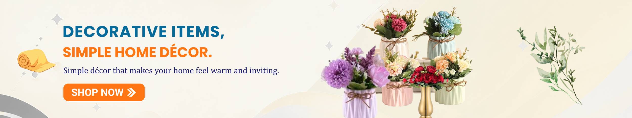 Colorful decorative flower vases and home décor items arranged beautifully with “Shop Now” button promoting stylish decorative items for living room and home decoration.