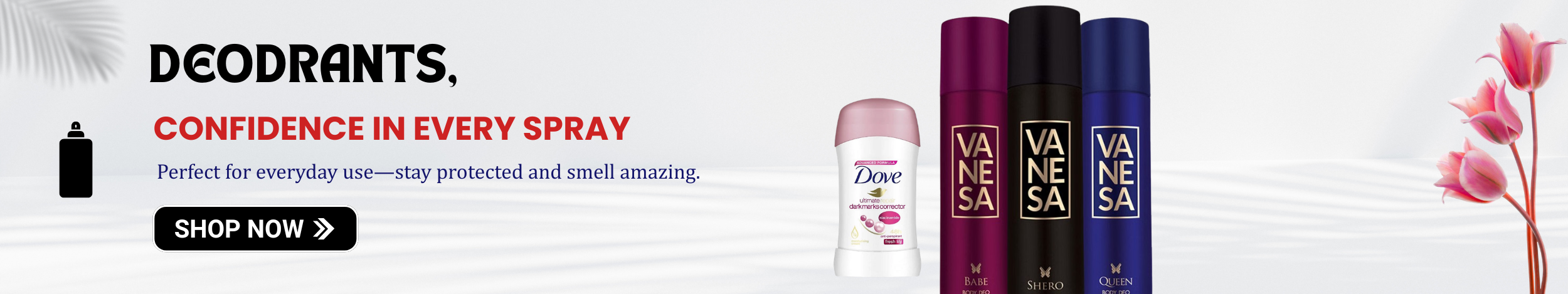 Deodorant sprays and roll-on with floral background promoting long-lasting freshness and confidence for everyday use
