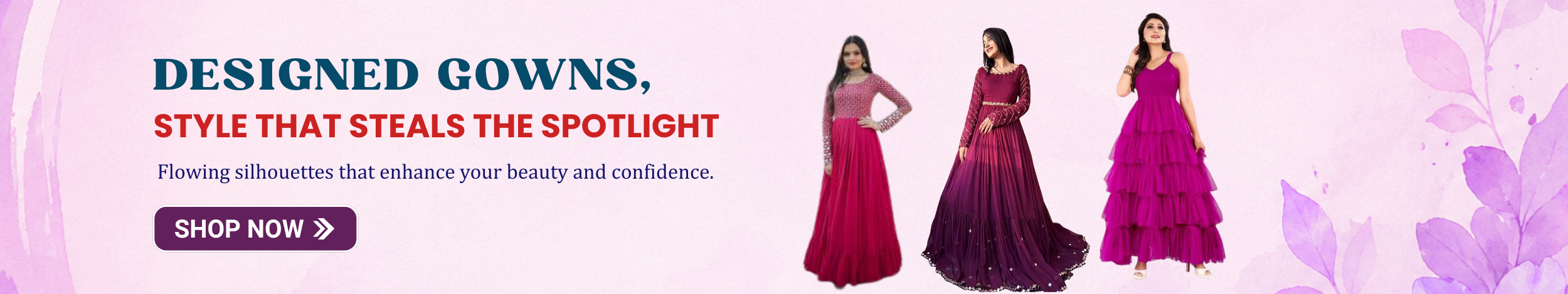 Women wearing elegant designer gowns in shades of pink and maroon, featuring flowing silhouettes and stylish evening wear designs.