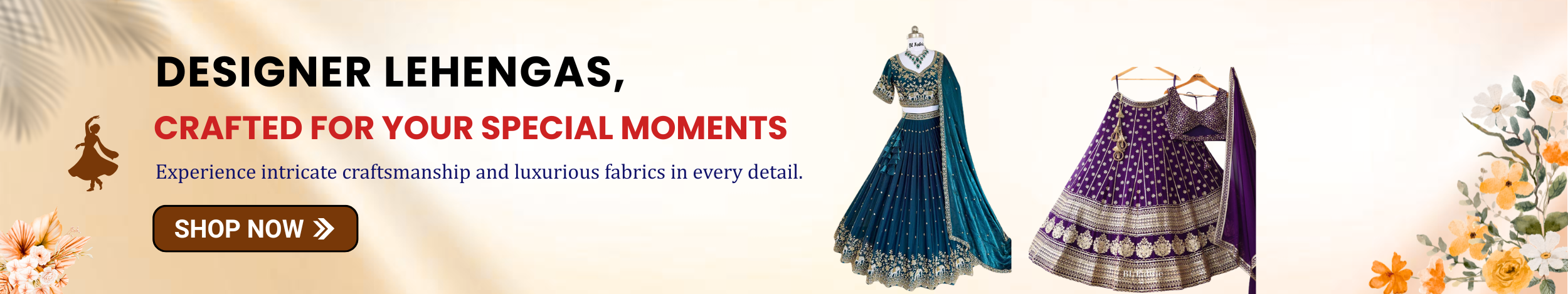 Designer lehenga dresses in blue and purple with intricate embroidery showcasing bridal and festive ethnic wear