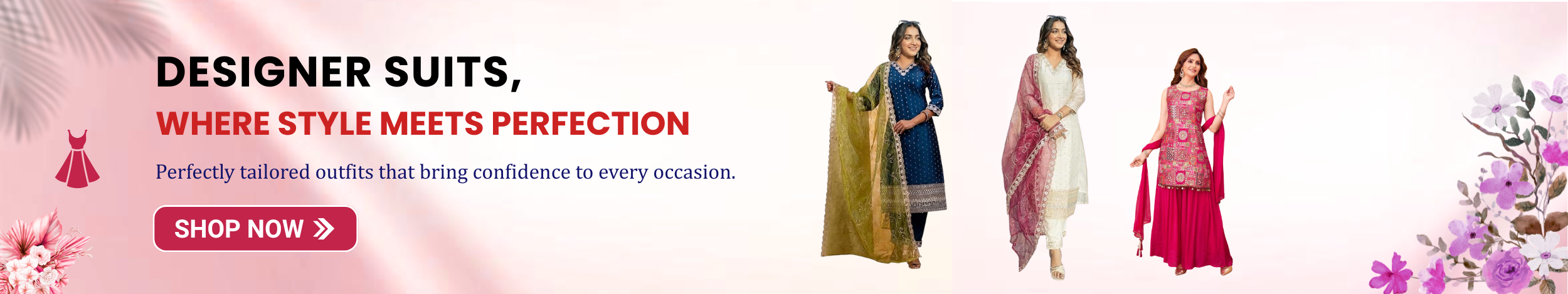 Women wearing designer suits with elegant embroidery and dupattas showcasing stylish ethnic wear for festive and casual occasions