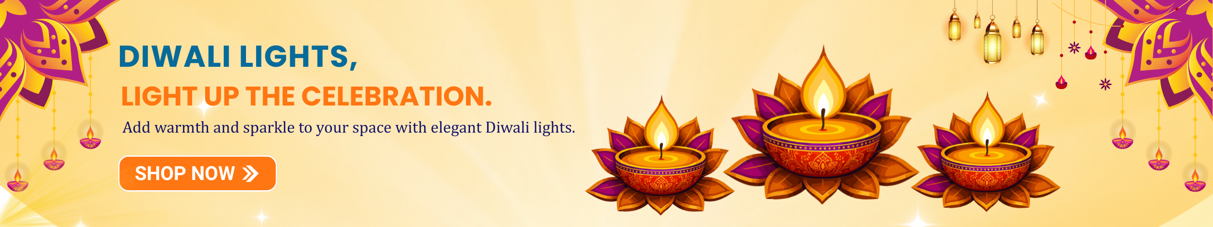 Decorative Diwali lights with traditional diyas and festive hanging lanterns featuring “Shop Now” button promoting elegant Diwali lighting for home decoration and celebrations.