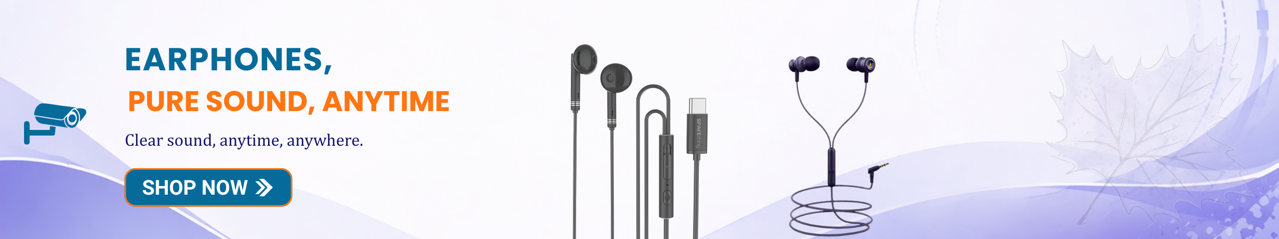 Wired and in-ear earphones with clear sound quality design and “Shop Now” button promoting high-quality earphones for music, calls, and daily use.