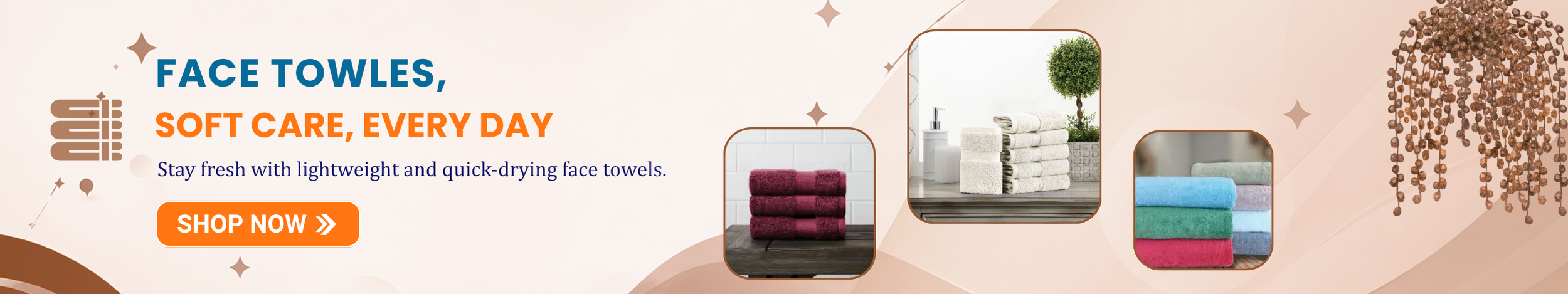 Soft cotton face towels in multiple colors neatly stacked with “Shop Now” button promoting lightweight and quick-drying face towels for daily use.