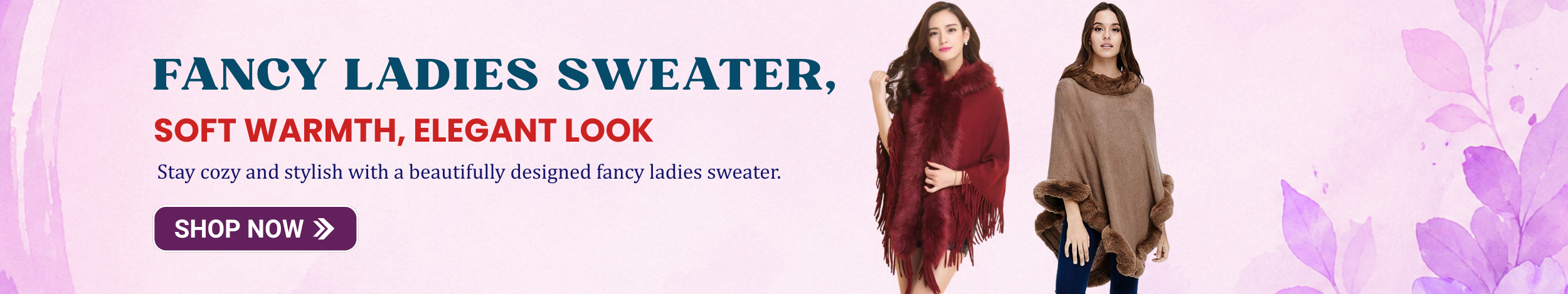 Women wearing stylish fancy sweaters in red and brown shades with fur detailing, showcasing warm and elegant winter fashion.