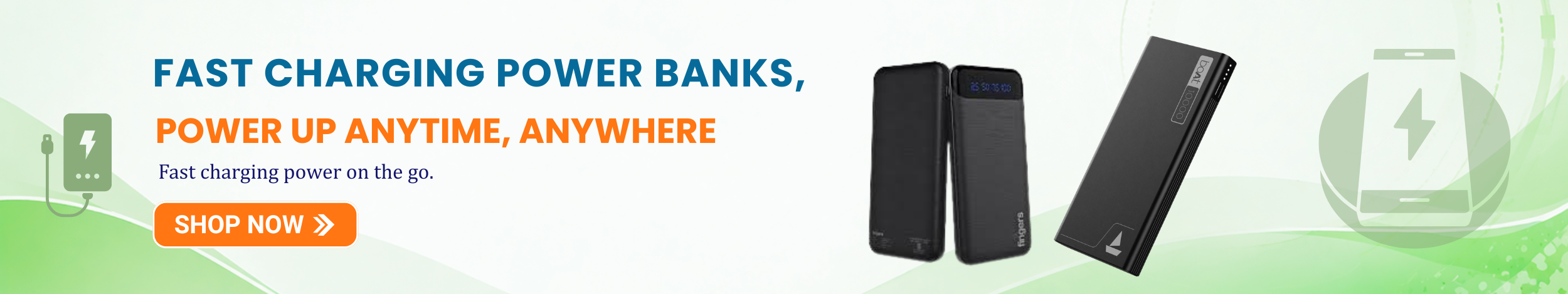 Fast charging power banks with modern slim design and high capacity battery backup featuring “Shop Now” button for portable mobile charging anytime, anywhere.