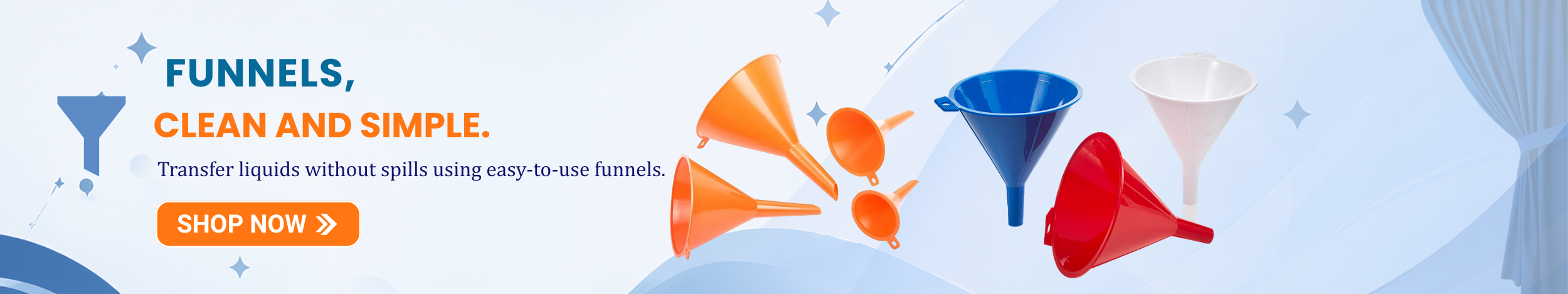 Colorful plastic funnels of different sizes used for transferring liquids easily without spills, displayed with a “Shop Now” button.