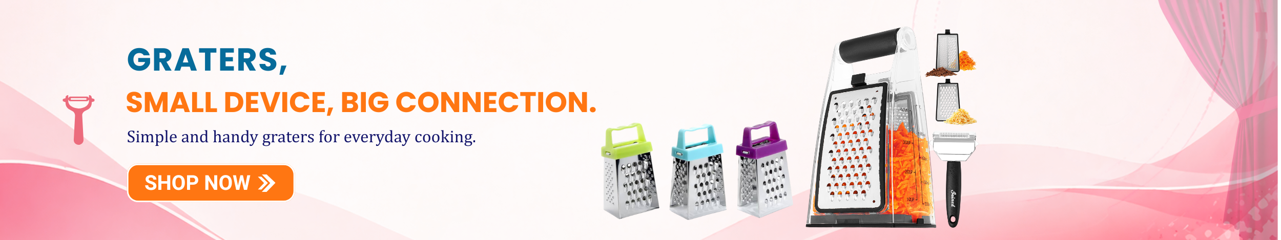 Box graters and handheld kitchen graters with different blade sizes displayed with “Shop Now” button promoting easy and efficient food grating tools.