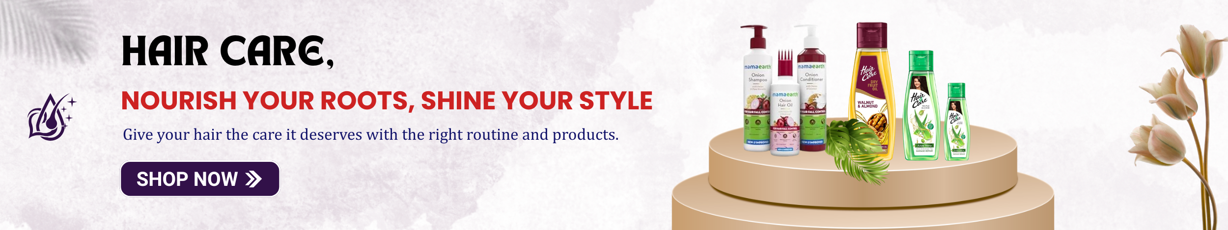 Hair care products including shampoo, conditioner, and oil on display promoting healthy, nourished, and shiny hair