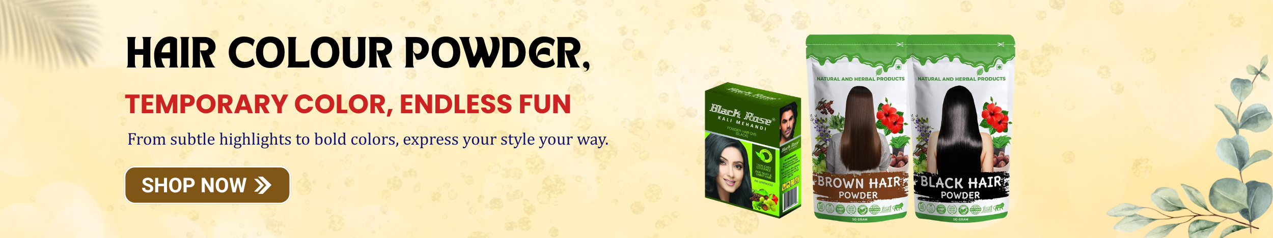 Hair colour powder packs in black and brown shades promoting temporary hair color with natural herbal ingredients