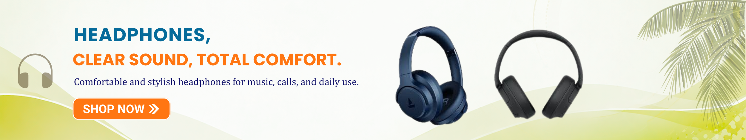 Wireless over-ear headphones with comfortable cushioned design and clear sound quality featuring “Shop Now” button for stylish headphones ideal for music, calls, and daily use.