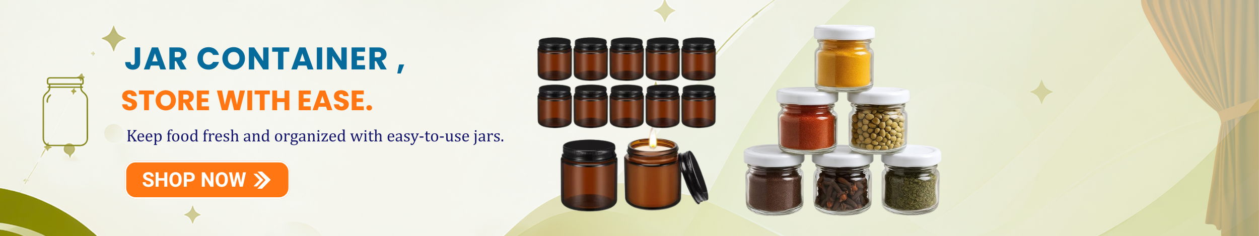 Glass and amber jar containers with lids used for storing spices, food, and kitchen essentials displayed with “Shop Now” button promoting easy storage solutions.