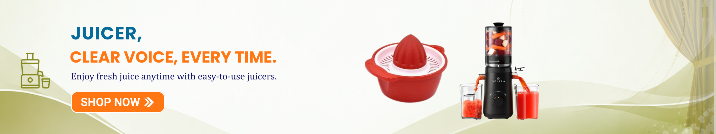 Manual citrus juicer and electric juicer machine extracting fresh juice into glasses with “Shop Now” button promoting easy-to-use juicers.